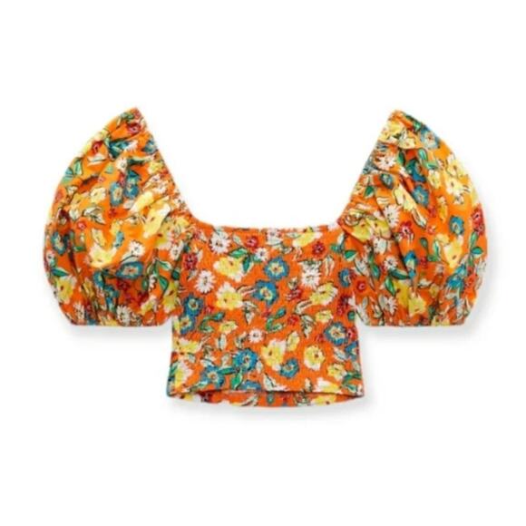 ZARA Floral Orange Crop Top Puffy Sleeve Women's Size Large - Picture 9 of 9